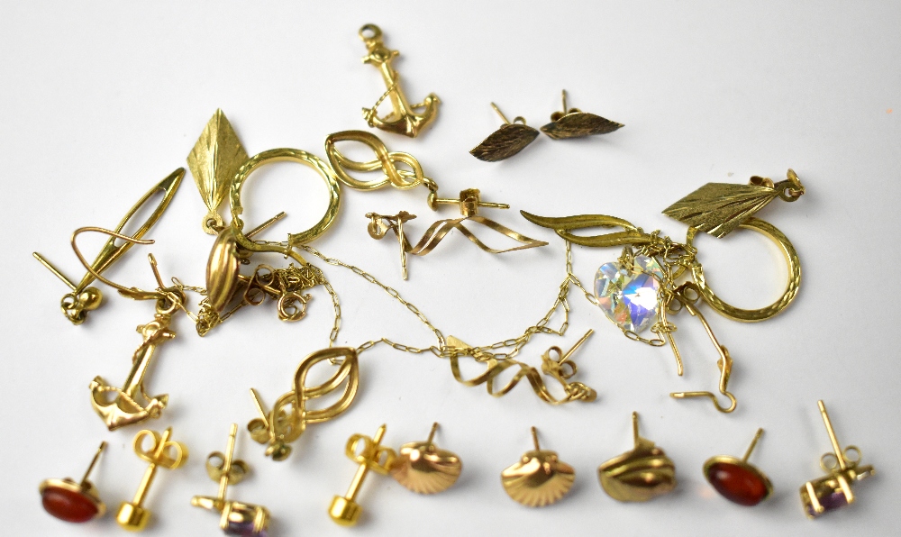 Ten pairs of mostly gold earrings of various styles and shapes, combined approx 10g. - Image 2 of 2