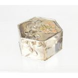 An Elizabeth II hallmarked silver hexagon lidded box, in the Japonesque manner,