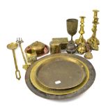 A quantity of vintage brassware to include trivet, candlesticks, various ornamental items,