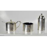 A contemporary silver three-piece cruet set of cylindrical form with linear decoration,