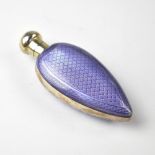 A George V hallmarked silver heart-shaped flask, with purple enamelled guilloché front and back,