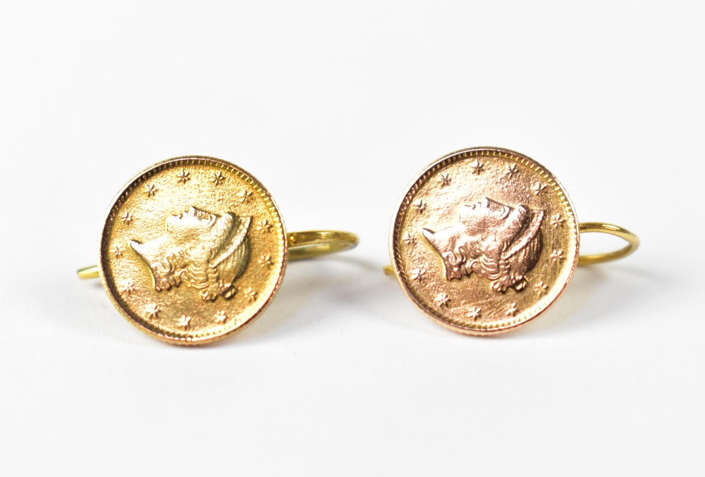 A pair of American gold dollar earrings, 1853.