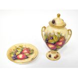 AYNSLEY; a hand painted twin-handled baluster vase, height 17cm and a pin dish, diameter 11cm,