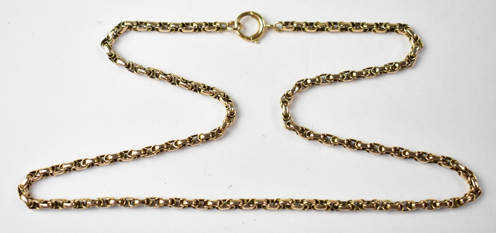 A 9ct gold alternating belcher link necklace with ring and hoop clasp, length 42cm, approx 7.6g.