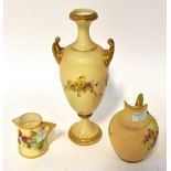 ROYAL WORCESTER; a blush ware twin-handled vase with a slender neck and ovoid body,