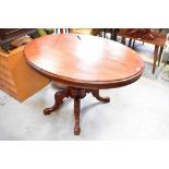 A 19th century mahogany oval tilt-top breakfast table, on baluster column, to four splayed supports,