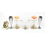 A pair of Art Deco white metal vases, each with iridescent calla lily vases, to three ball supports,