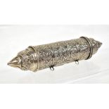 A white metal Eastern scroll holder, length 22cm.