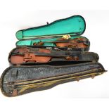 Two cased violins, comprising a children's violin with bow (af), length 56cm, for restoration,