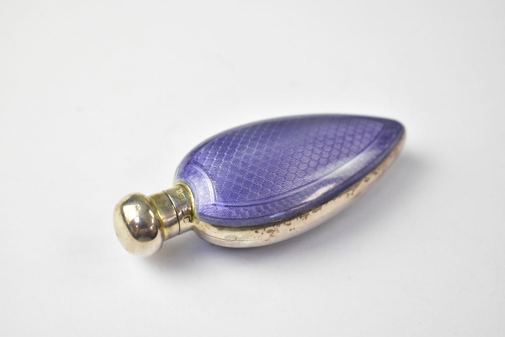 A George V hallmarked silver heart-shaped flask, with purple enamelled guilloché front and back, - Image 2 of 2