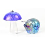 JOHN DITCHFIELD; a blue glass toadstool with white metal frog to the top, signed to the base,