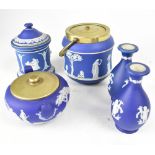 WEDGWOOD; five pieces of jasperware including a pair of baluster spill vases, a lidded pot,