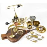 A quantity of metalware to include silver plated items, brassware, a banker's lamp,