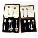 A cased set of hallmarked silver coffee bean spoons and a cased set of hallmarked silver teaspoons,