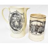 MARITIME INTEREST; a 19th century black and white transfer printed creamware jug,