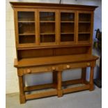 A modern bespoke made large and impressive kitchen dresser with two glazed display cabinets