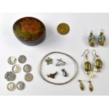 A mixed lot of various base metal drop earrings, charms, threepenny coins,