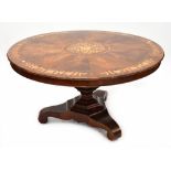 A rosewood inlaid circular tilt-top breakfast table,