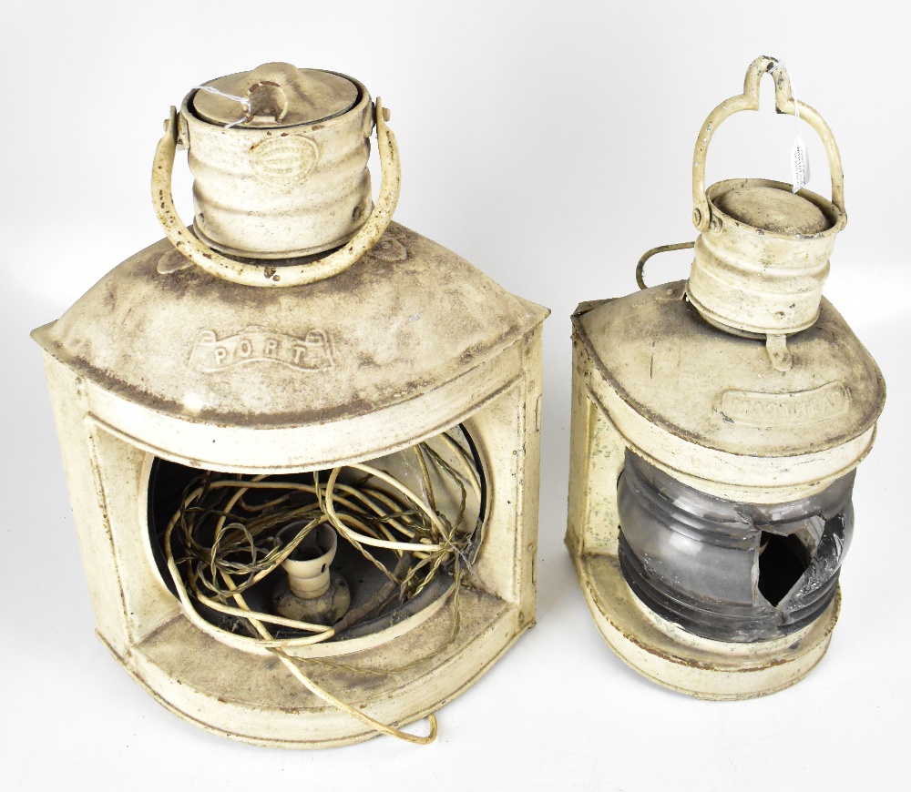 Four vintage cream painted ships' lanterns including a large corner set example inscribed 'Port'