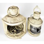 Four vintage cream painted ships' lanterns including a large corner set example inscribed 'Port'