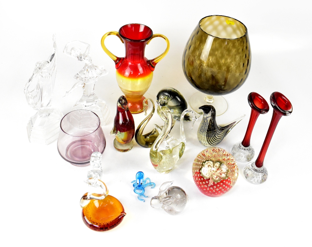 A collection of vintage and modern coloured art and clear glass paperweights, ornaments and vases,