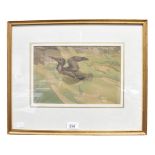 A Japanese watercolour depicting a duck swimming in gentle waters,