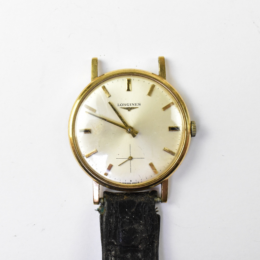 LONGINES; a gentlemen's vintage 9ct gold wristwatch,