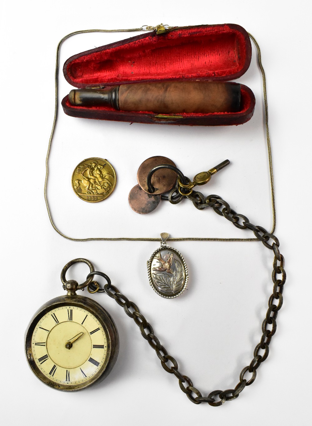 A hallmarked silver open face pocket watch, the white dial set with Roman numerals (af),