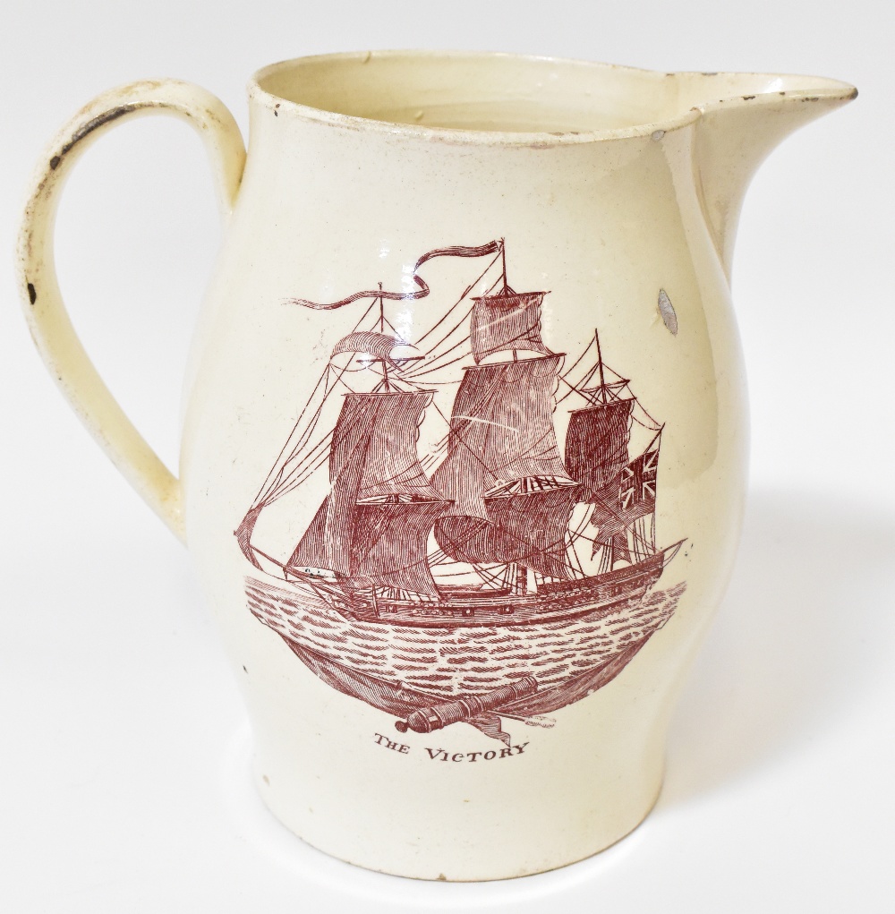 MARITIME INTEREST; a 19th century creamware transfer printed jug,