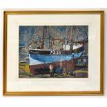 CHARLES BREAKER (1906-1985); watercolour, seascape with fishing boat in dock,