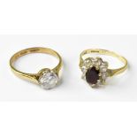 Two 9ct gold dress rings, one with cubic zirconia on a 9ct gold shank, size P,