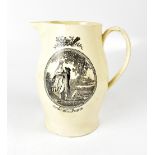 LIVERPOOL PORCELAIN; a c1780 creamware marriage jug with bat printed script and decoration,