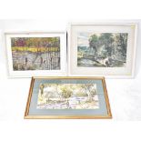 Three modern paintings of rural woodland scenes, the first the Packhorse Bridge at Wycoller,