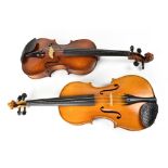 Two modern full sized violins in double case (2).