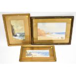 Three watercolour scenes depicting waves crashing on beaches, the first by H.