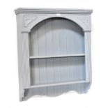 A grey painted wall hanging shelf unit, panelled back and two drawer,