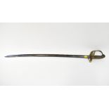 A British cavalry sword with curved blade, wire grip handle, pierced VR basket hilt,