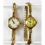 A vintage ladies' 9ct gold wristwatch, the circular white enamelled dial set with Roman numerals,