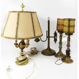 A vintage-style brass-effect desk lamp with glass shade,