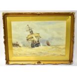 F J ALBRIDGE; watercolour on paper depicting sailboats on coastline in rough seas,