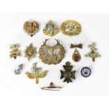 Various military cap badges to include East Surrey, South Lancashire, Highlanders,