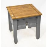 A square topped occasional table with painted grey base, single drawer on square legs, 55.5 x 54cm.