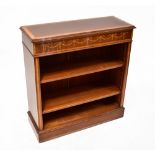 An Edwardian-style inlaid mahogany floor standing bookshelf with inlaid tulip wood swag design