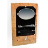 An Art Deco style bathroom set comprising oval swivel mirror, chrome and glass shelf,