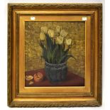 JMH; oil on canvas, still life flowers, white tulips in a vase on a red tabletop, initialled J.M.H.