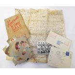 Various paper ephemera and social history including a historical indenture or contract dated 1768,