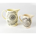 LIVERPOOL PORCELAIN; two c1800 creamware jugs, both with black printed design,