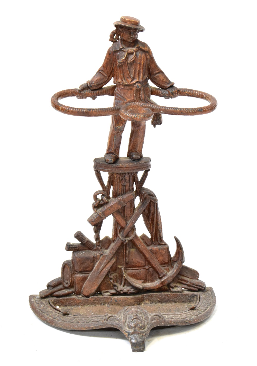 MARITIME INTEREST; a Victorian-style cast iron stick stand modelled as a sailor, with a rope,