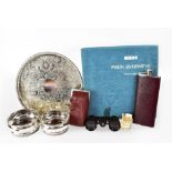 A boxed silver plated salver, a long bodied modern hip flask,