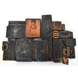 Two boxes of printing blocks and etched copper printing plates to include alphabetical,